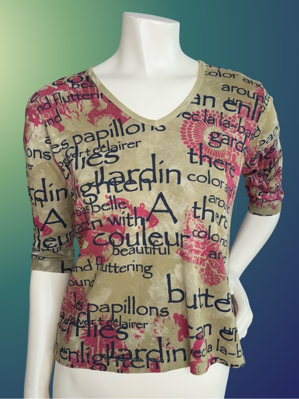 V-Neck Graphic Long Sleeve Top in Olive and Pink